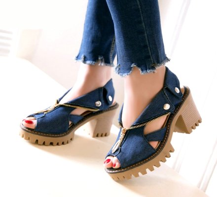 Denim Zipper Platform Sandals Women High Heels Sandals Zipper Summer Casual Shoes Big Size Sandalias Mujer 2021 Sandales Femmes
